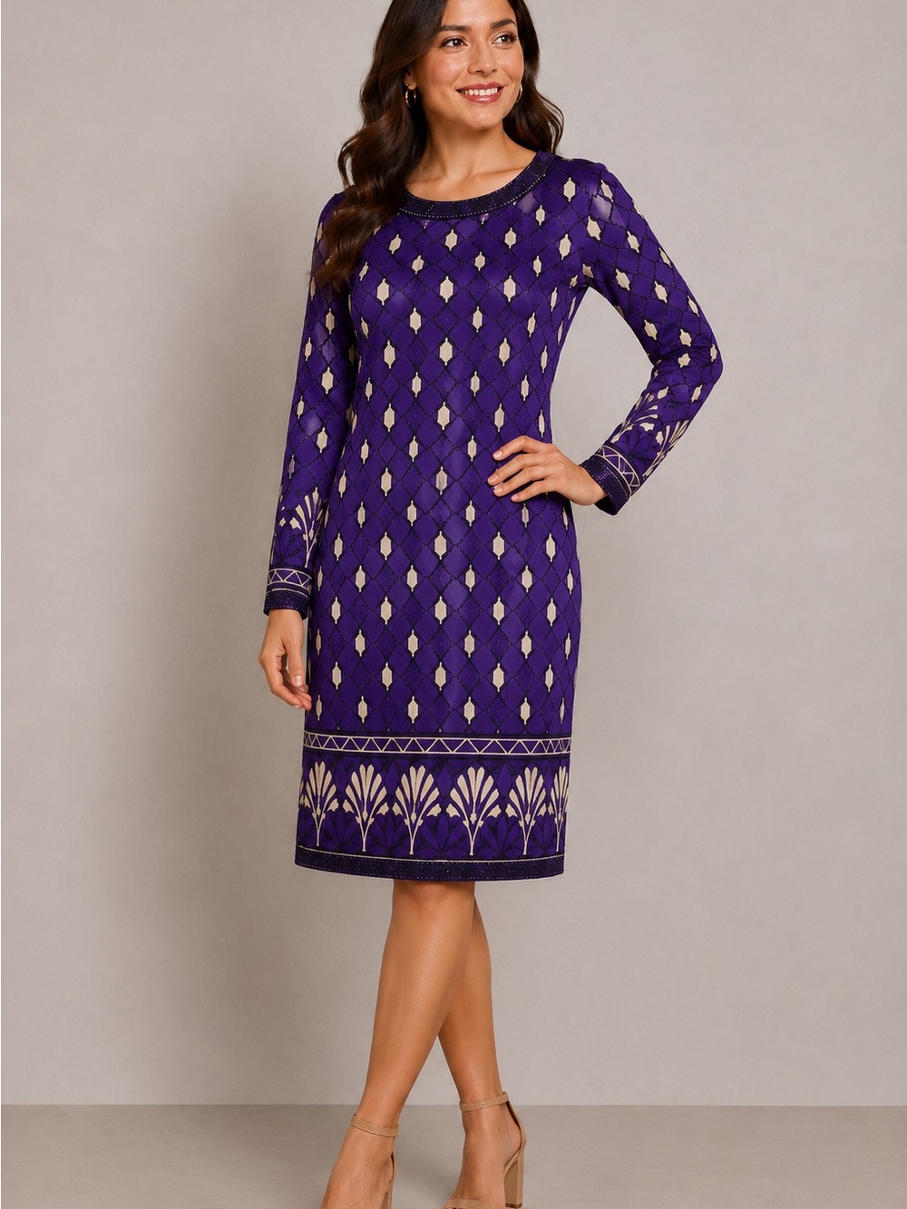 TORY BURCH Women's Silk Purple Geometric Patterned Long Sleeve Art Deco Medium